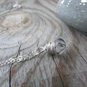 Tourmalinated Quartz Necklace, small, wire wrapped, quartz pendant, micro faceted gemstone
