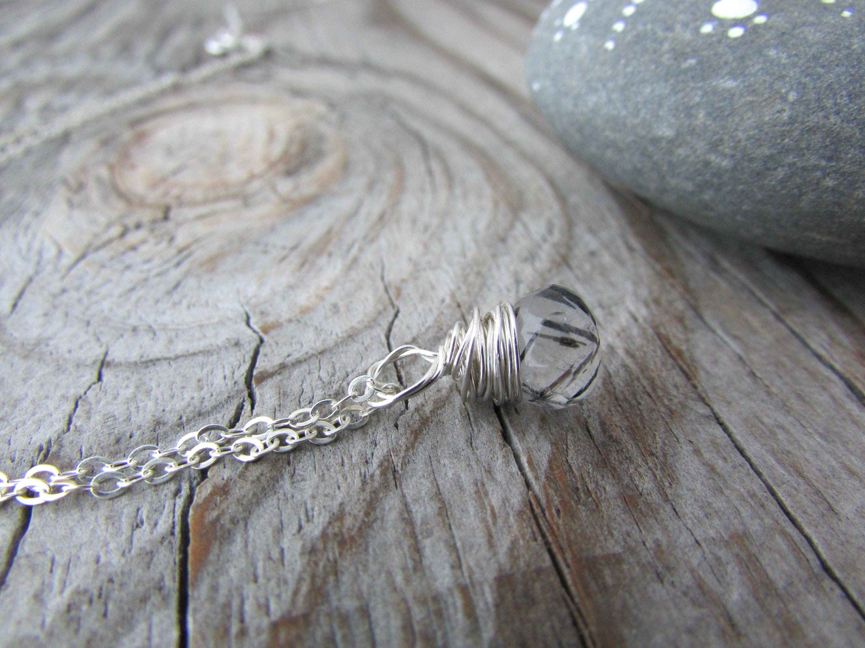 Tourmalinated Quartz Necklace, Small, Wire Wrapped, Quartz Pendant, Micro Faceted Gemstone