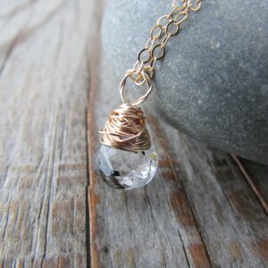 Tourmalinated Quartz Necklace, small, wire wrapped, quartz pendant, micro faceted gemstone