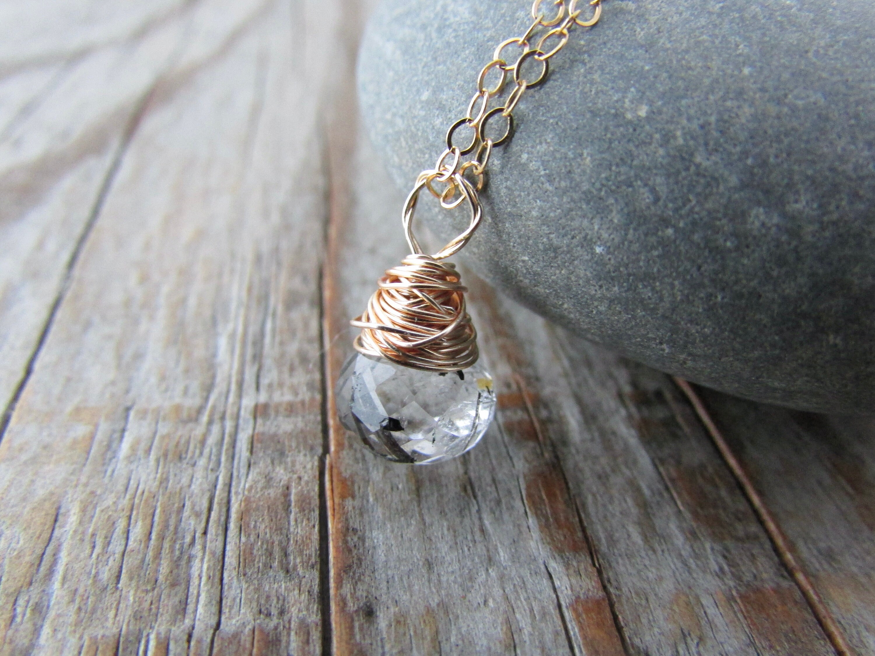 Tourmalinated Quartz Necklace, Small, Wire Wrapped, Quartz Pendant, Micro Faceted Gemstone