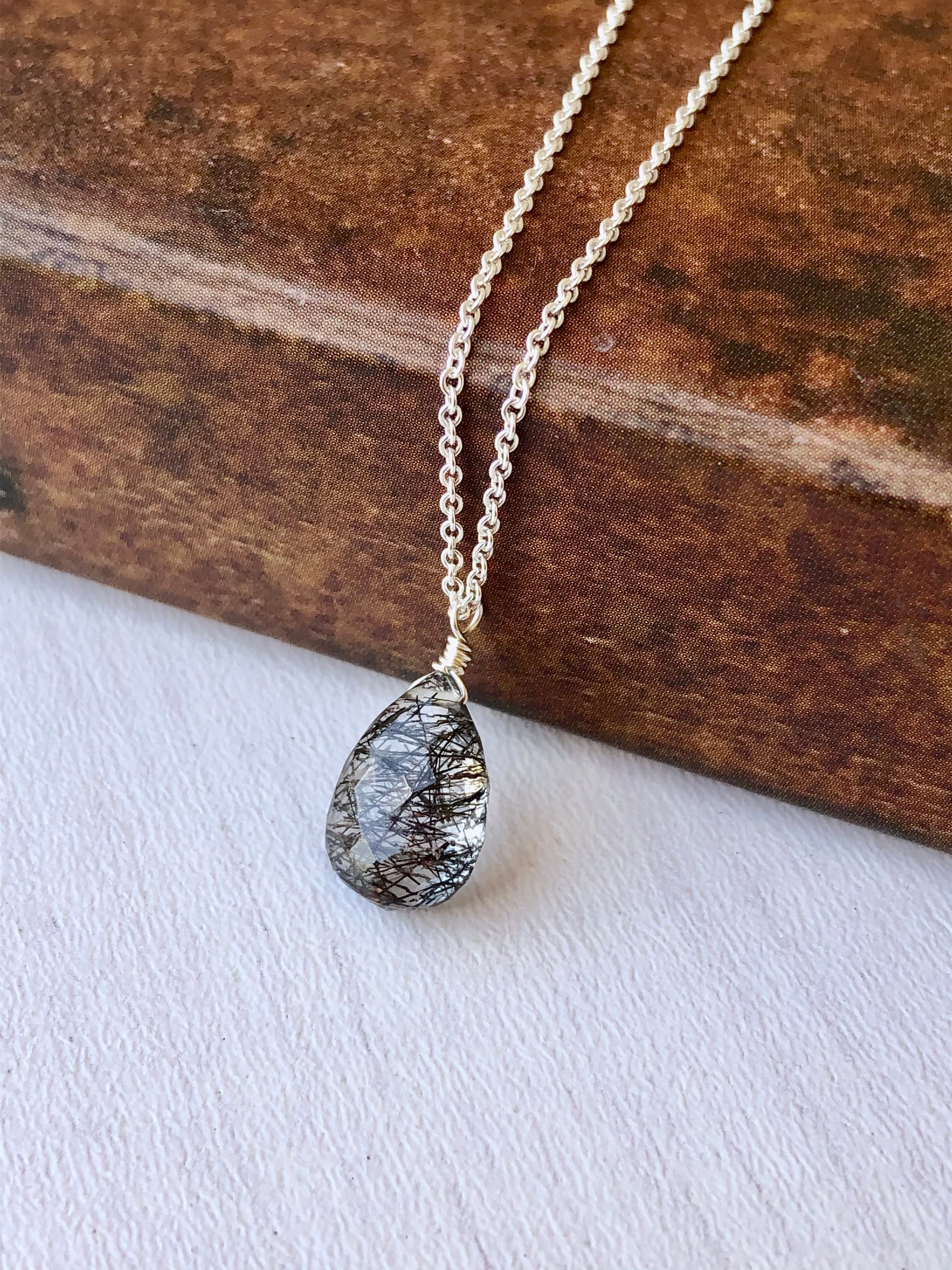 Rutilated Quartz Necklace, Tourmalinated Quartz Drop Pendant, Minimalist Jewelry, Teardrop Layering Drop Gold Or Silver, Black Tourmaline