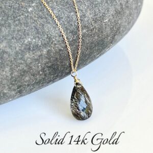 Rutilated Quartz Necklace, Tourmalinated Quartz Pendant, Solid 14k Gold Minimalist Jewelry, Black Tourmaline Necklace Real Gold Gift for her