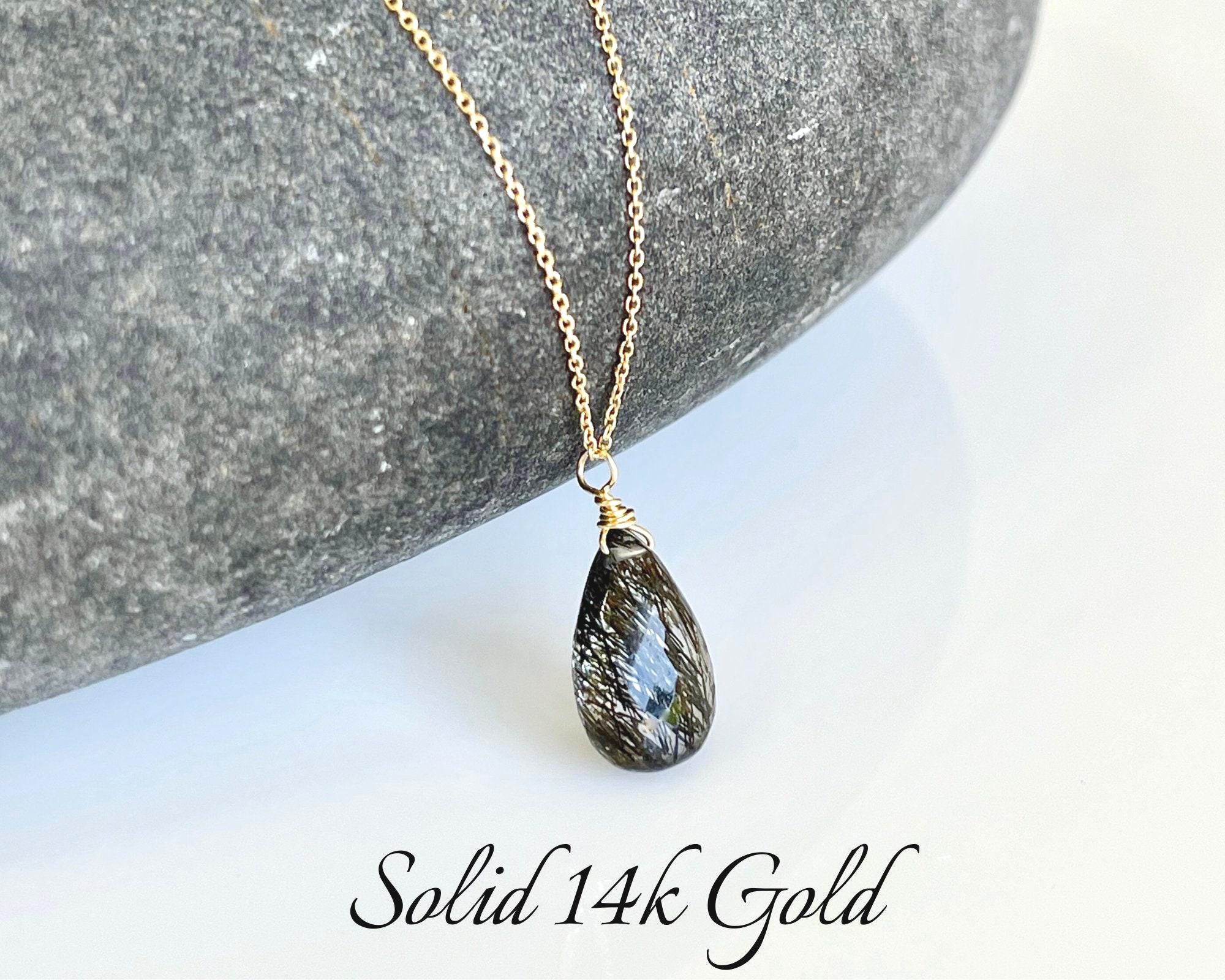 Rutilated Quartz Necklace, Tourmalinated Quartz Pendant, Solid 14k Gold Minimalist Jewelry, Black Tourmaline Necklace Real Gold Gift For Her