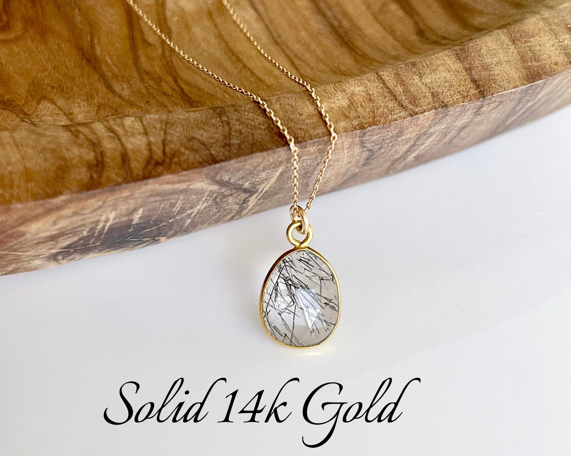 Rutilated Quartz Necklace, Tourmalinated Quartz Drop Pendant, Solid 14k Gold Necklace, Minimalist Layering Gold Jewelry, Gift For Women