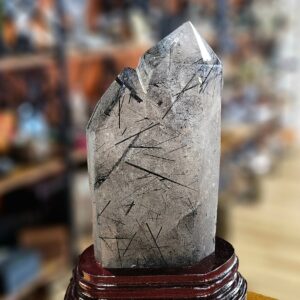 Tourmalinated Quartz Double Point, 2lbs, With Stand, Gemstone Decor