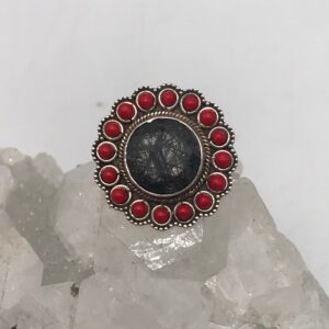 Tourmalinated Quartz and Red Coral Ring, Size 8 1/2