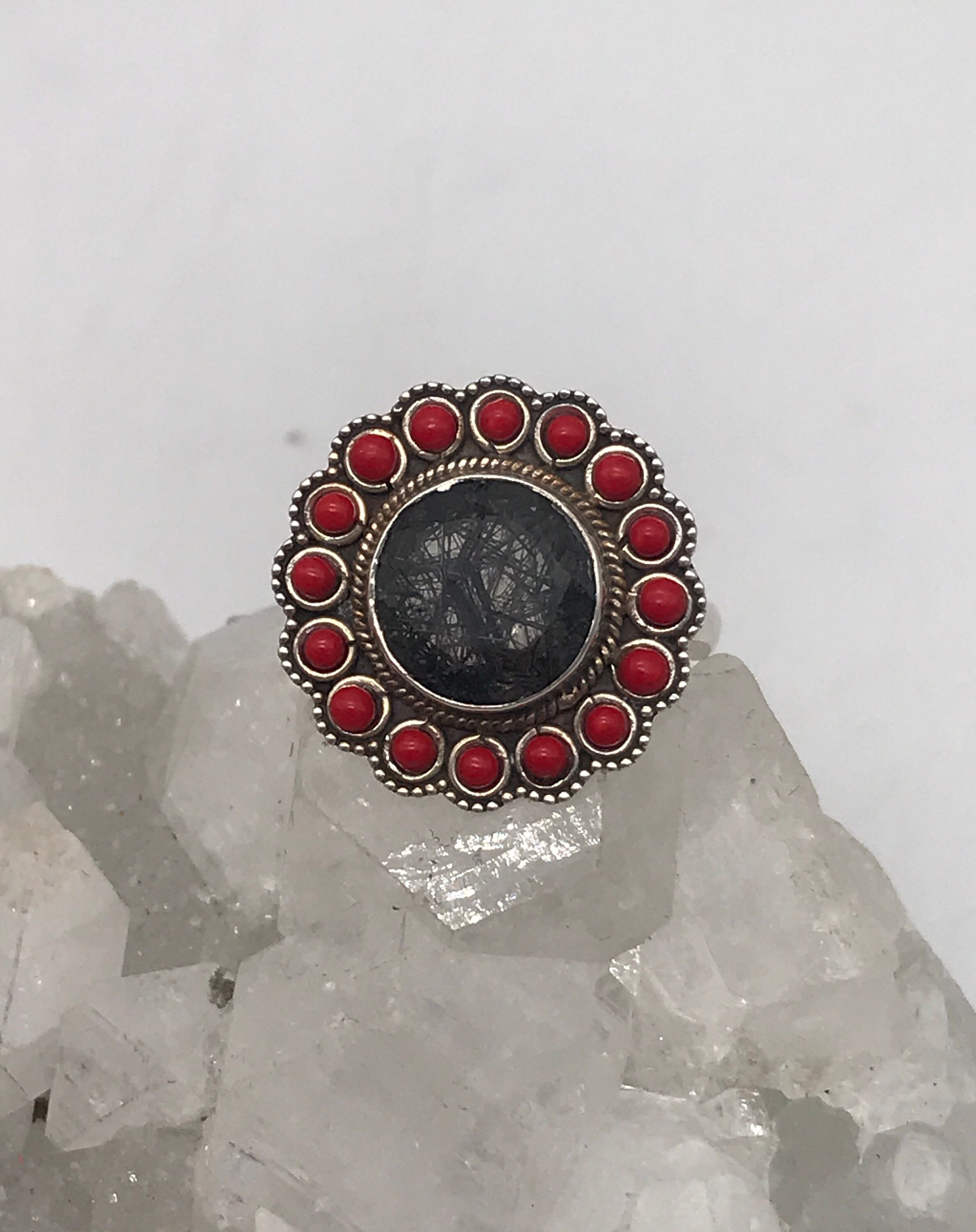 Tourmalinated Quartz And Red Coral Ring, Size 8 1/2