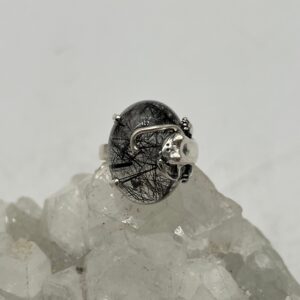 Black Tourmalinated Quartz Frog Ring, Size 7 1/2