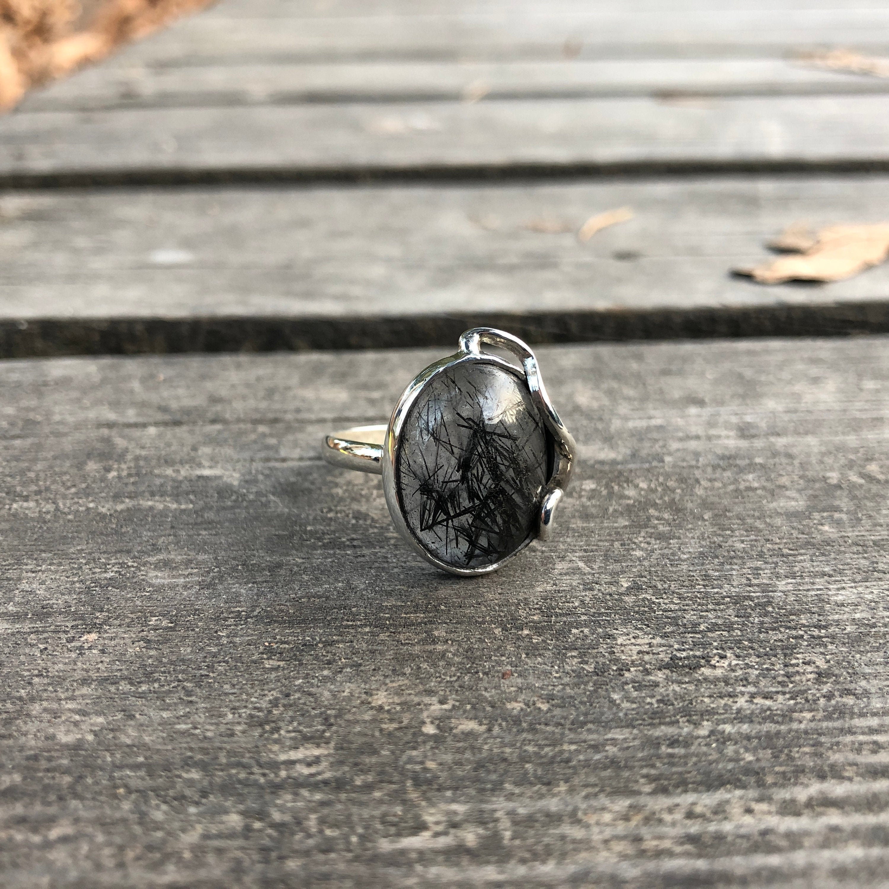 Black Rutilated Quartz Silver Ring, Tourmalinated Quartz Ring Size 5 6 7 8, Special Piece, Skin-touch Design, Completely Handmade & Silver