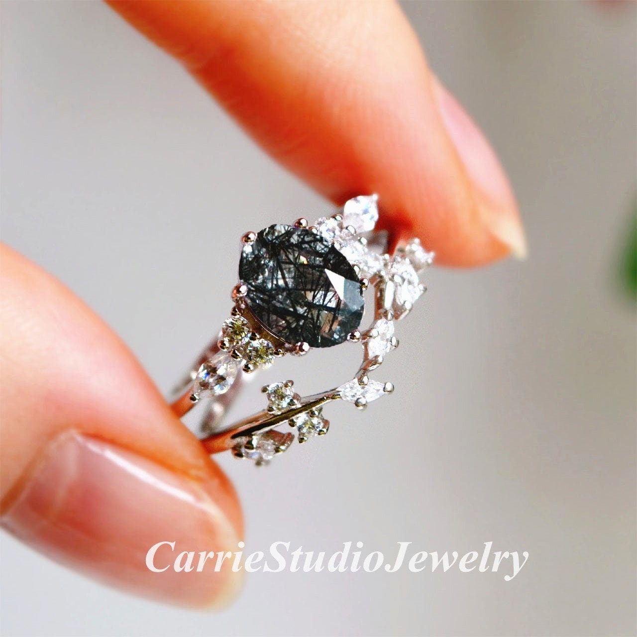 Black Rutilated Quartz Ring Set - Tourmalinated Quartz Engagement Ring Set - Anniversary Gift For Her/silver Black Stone Jewelry Black Rutilated Quartz Ring Set - Tourmalinated Quartz Engagement Ring Set - Anniversary Gift For Her/silver Black Stone Jewelry