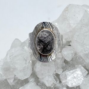 Black Tourmalinated Quartz  Ring, Size 9