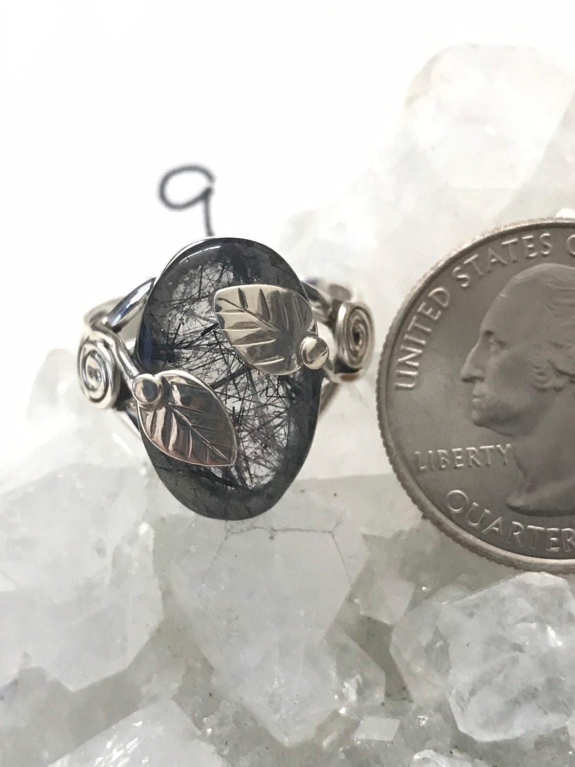 Black Tourmalinated Quartz  Ring, Size 9