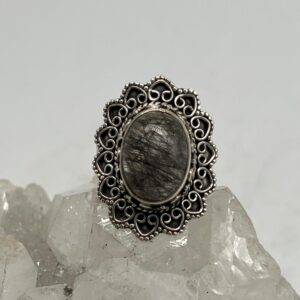 Black Tourmalinated Quartz  Ring, Size 6