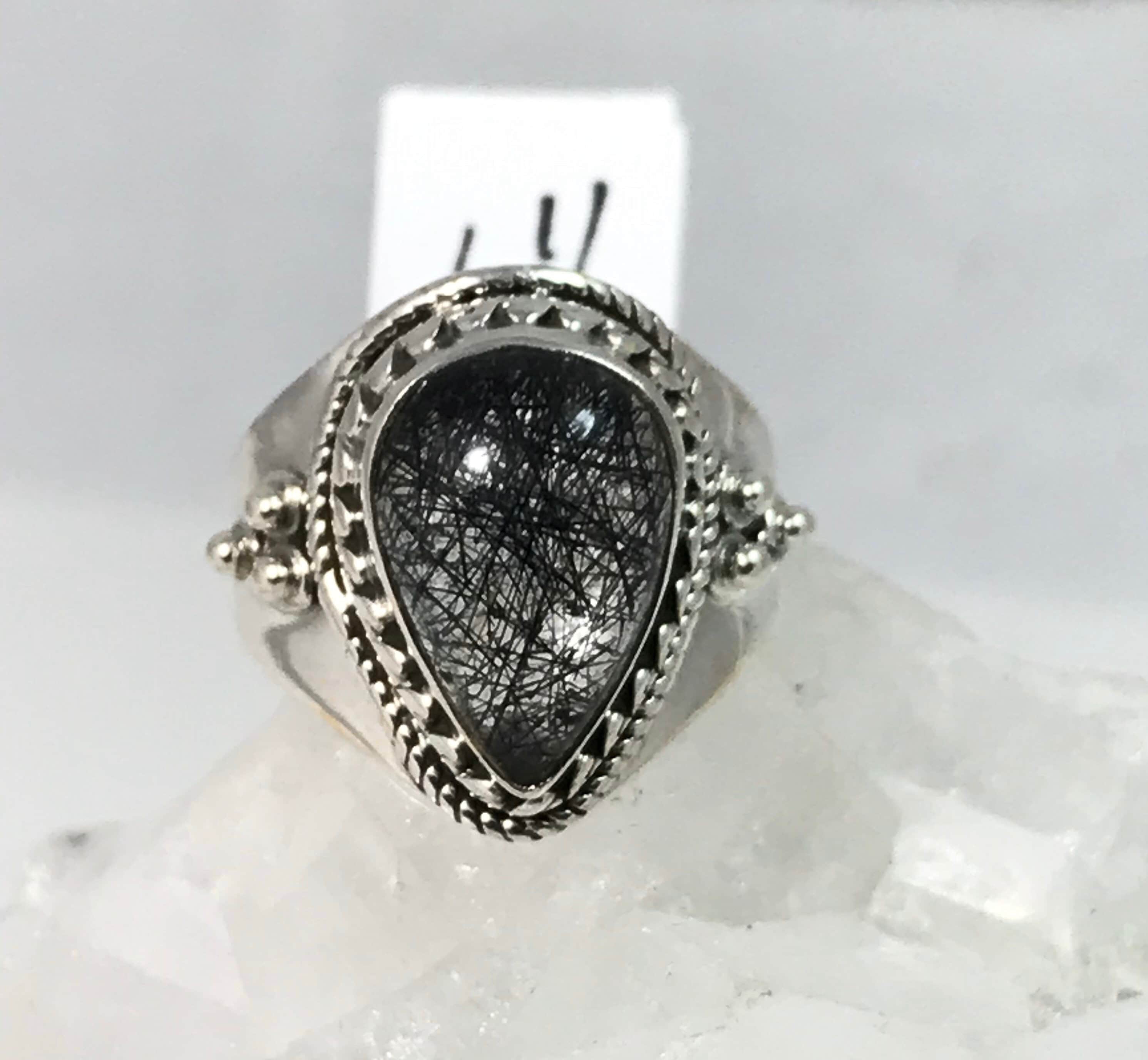 Black Tourmalinated Quartz  Ring, Size 6