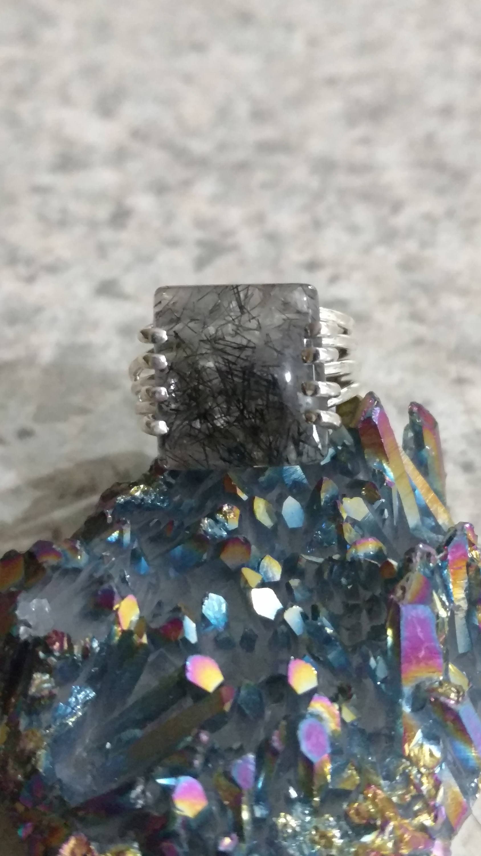 Black Tourmalinated Quartz  Ring, Size 6