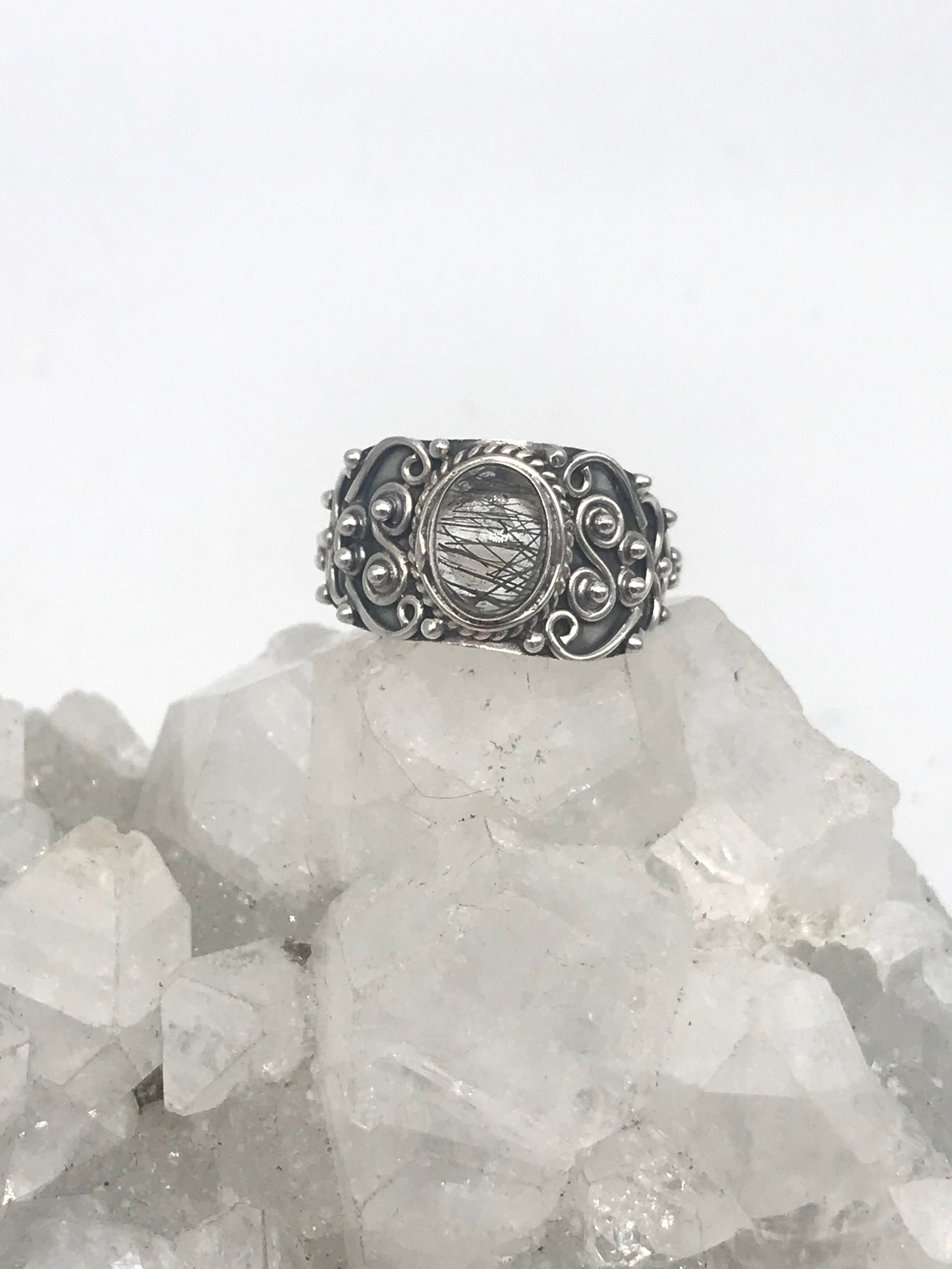 Black Tourmalinated Quartz Ring, Size 7 1/2