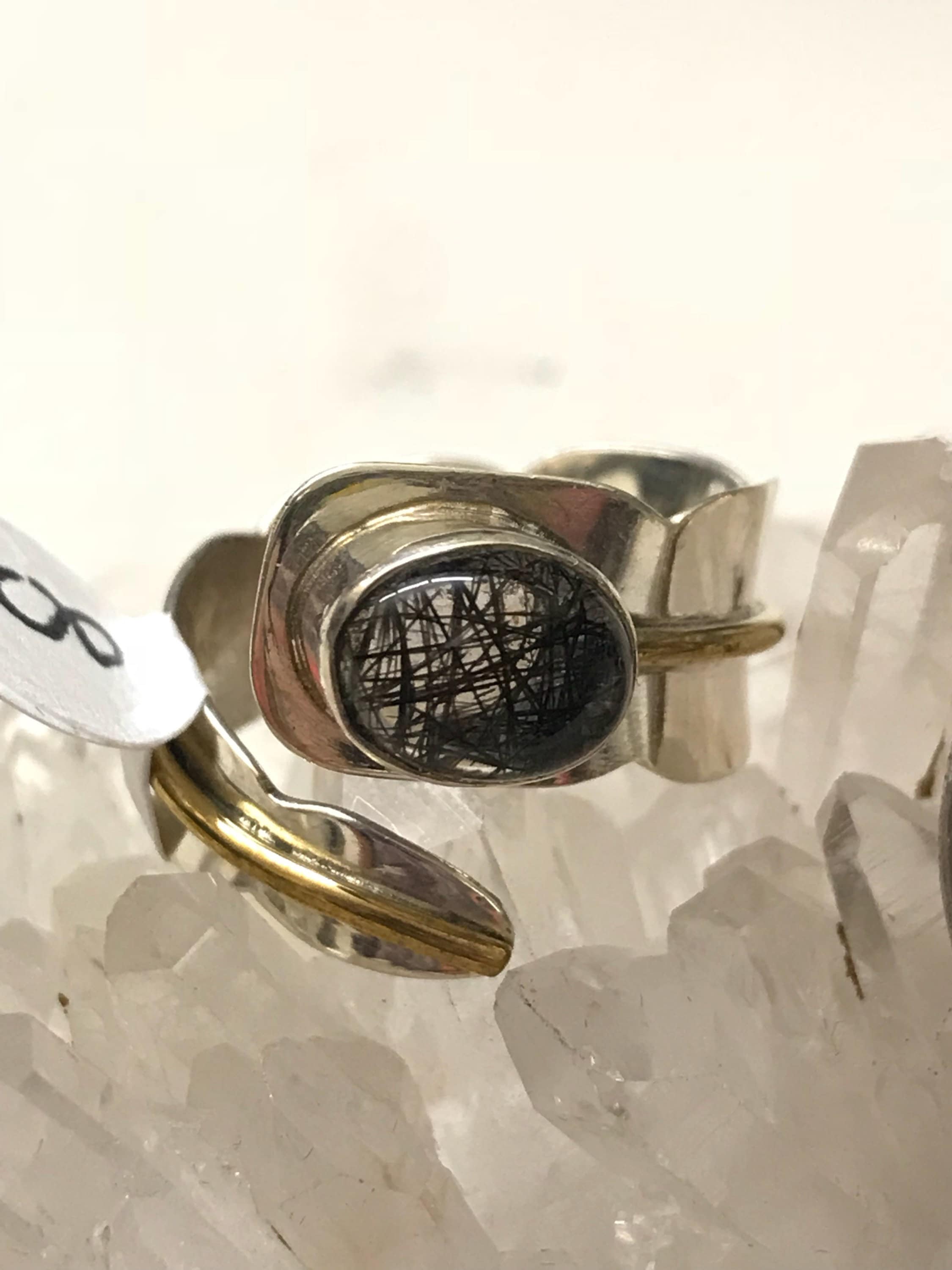 Black Tourmalinated Quartz  Ring, Size 8-adjustable
