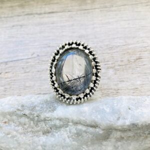Large Bring Size 8 Natural Black Tourmaline In Quartz Ring, Tourmalinated Quartz Ring, 925 Sterling Silver Ring, Natural Crystal Ring