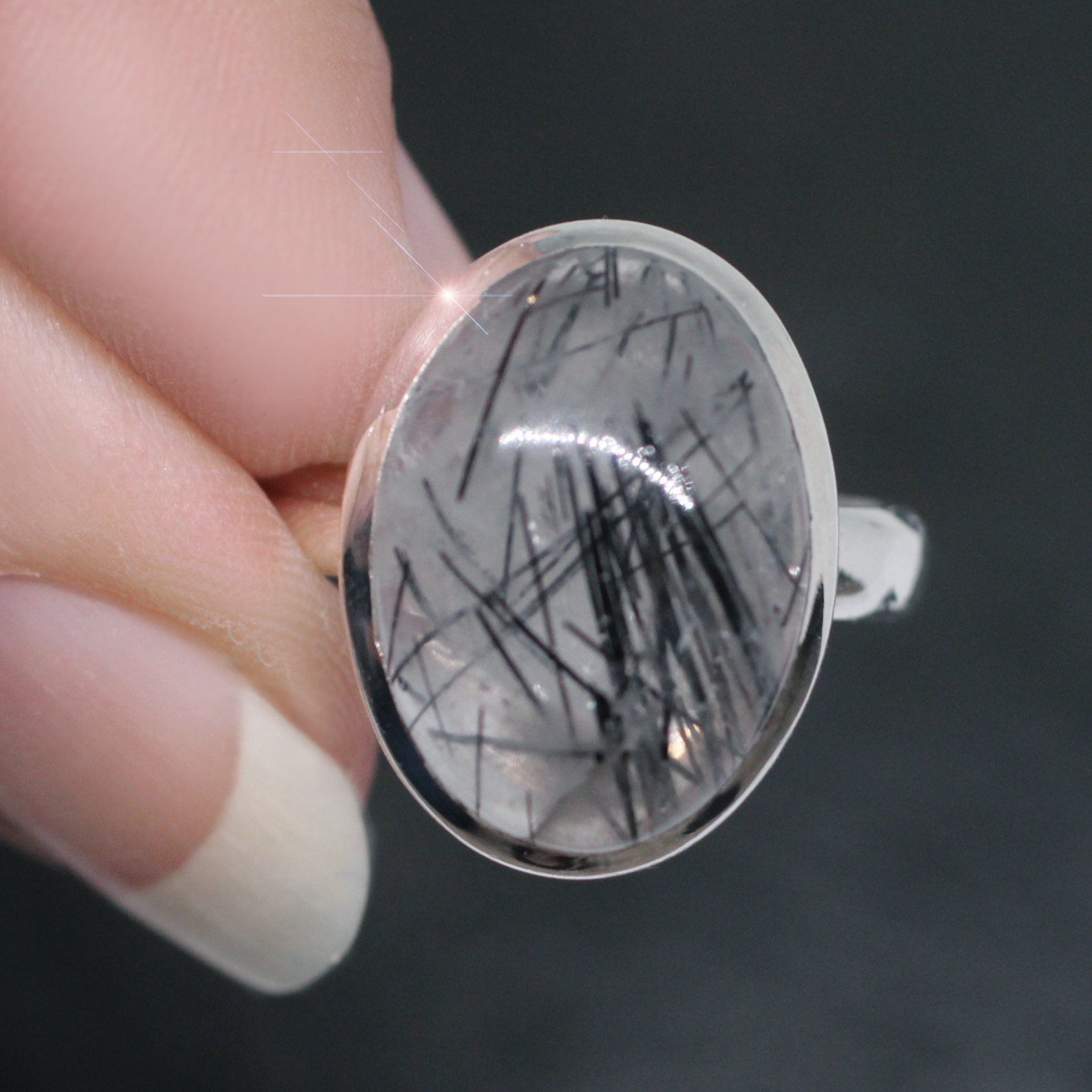 Natures Sketches - Tourmalinated Quartz Sterling Silver Ring Size 9