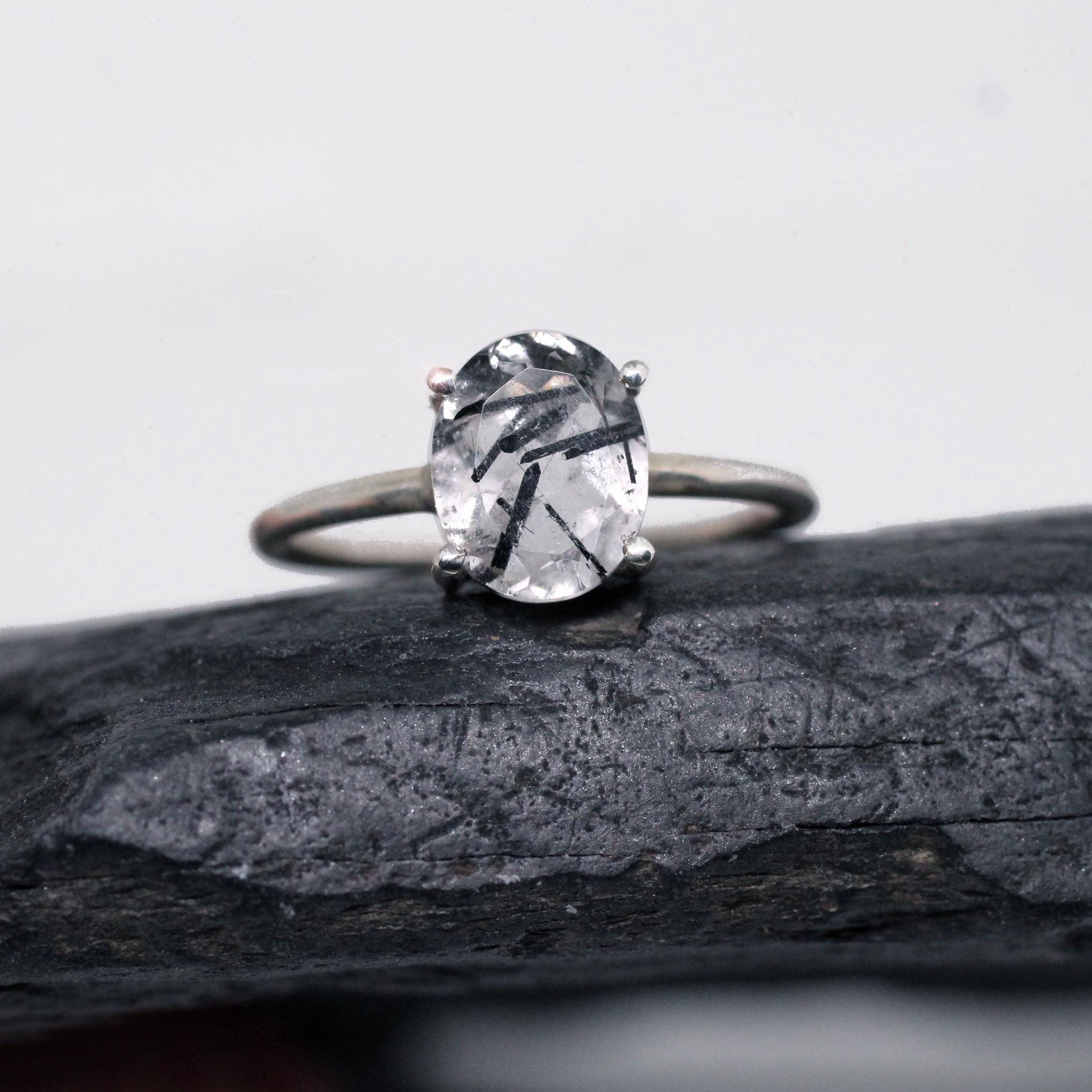 Natures Sketches - Faceted Tourmalinated Quartz Sterling Silver Ring Size 9