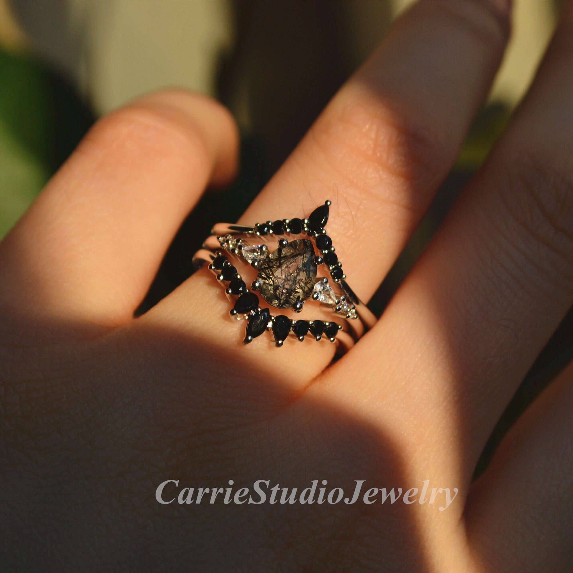Pear Rutilated Quartz Ring Set - Black Tourmalinated Quartz Engagement Ring Set - Black Stone Ring Silver - Anniversary Gift For Her Pear Rutilated Quartz Ring Set - Black Tourmalinated Quartz Engagement Ring Set - Black Stone Ring Silver - Anniversary Gift For Her