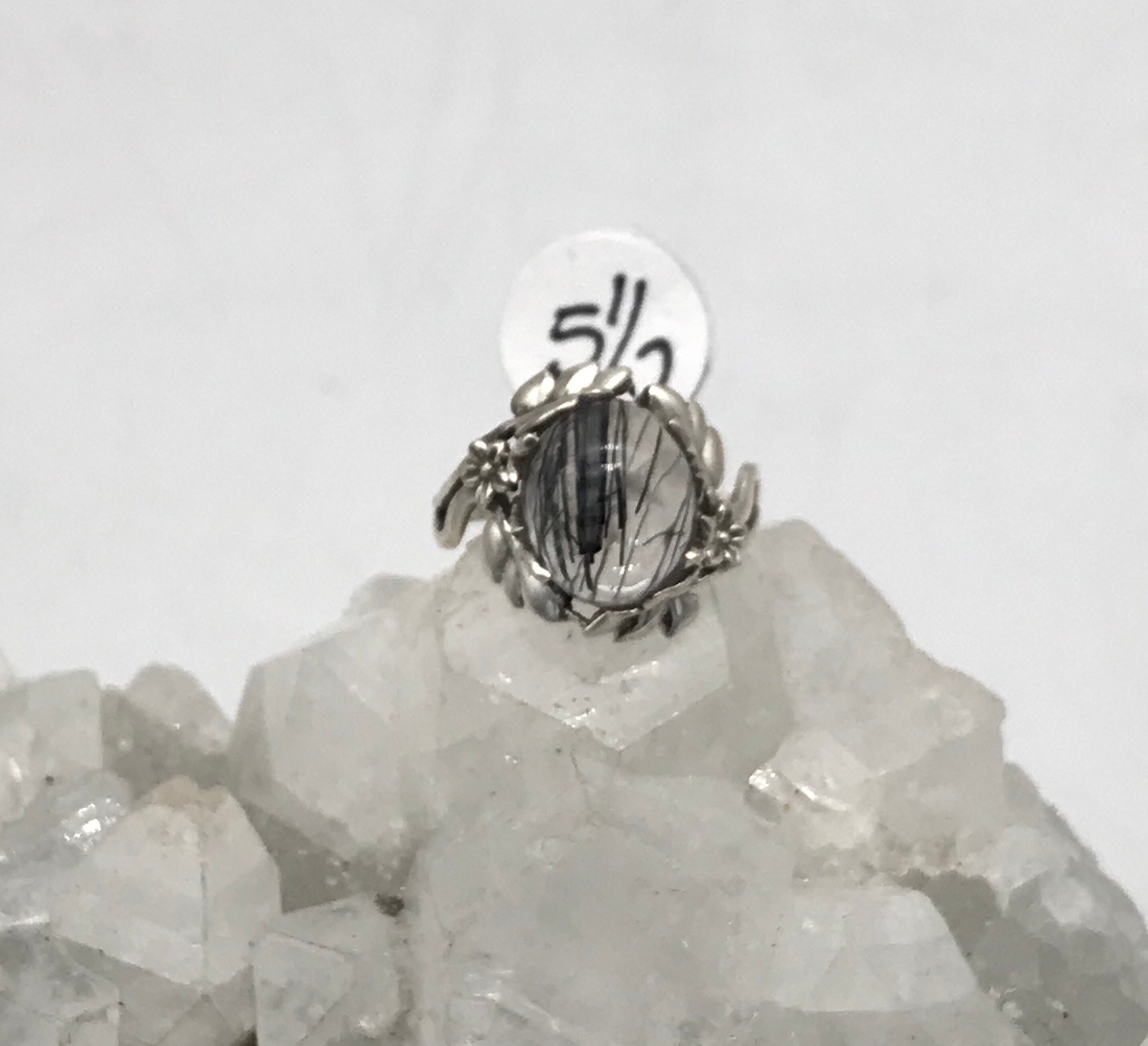 Petite Black Tourmalinated Quartz  Ring, Size 5 1/2