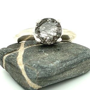 Tourmalinated Quartz Silver Ring, Custom Faceted Round, Clear with Black Tourmaline Gemstone Sterling Silver Ring, Size 7