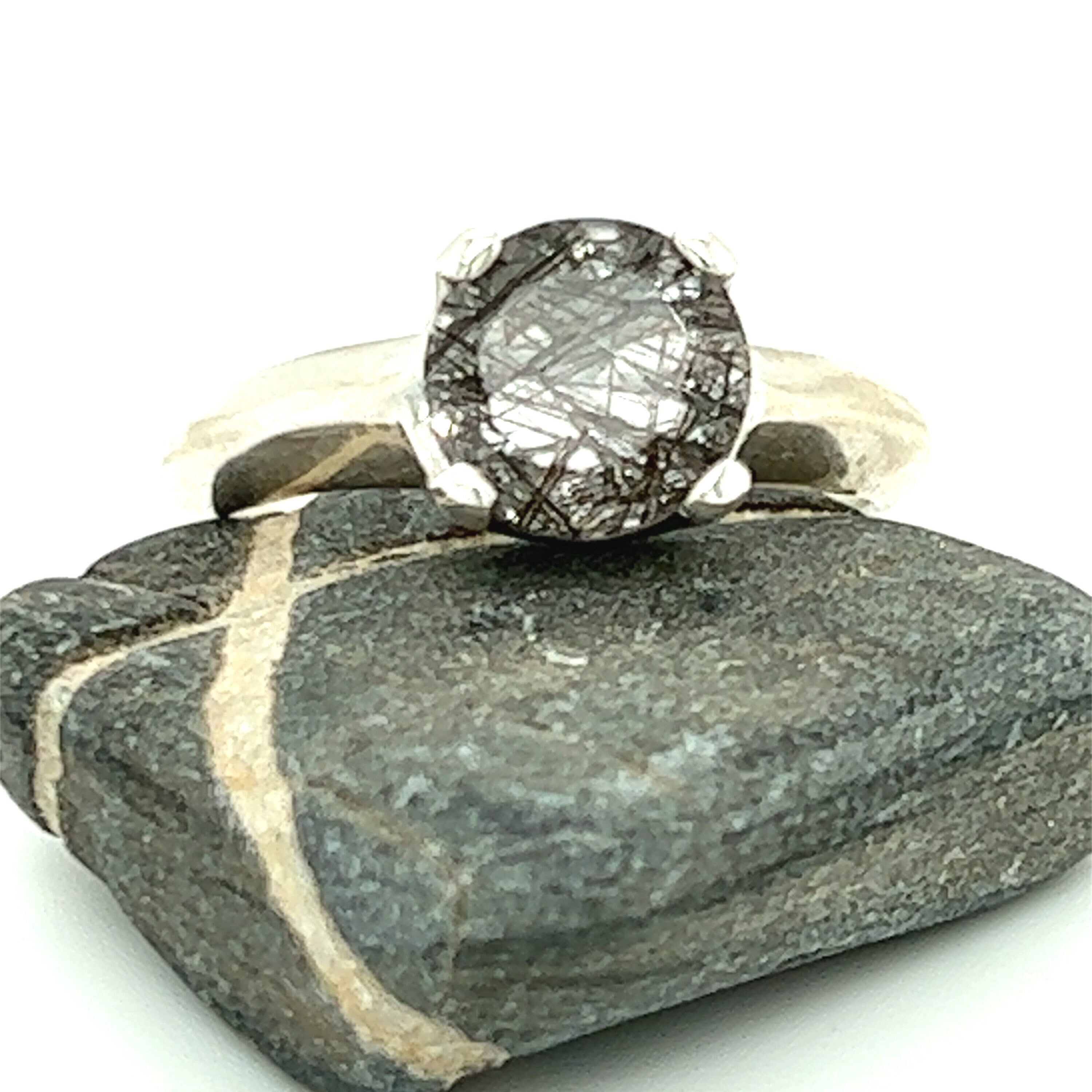 Tourmalinated Quartz Silver Ring, Custom Faceted Round, Clear With Black Tourmaline Gemstone Sterling Silver Ring, Size 7