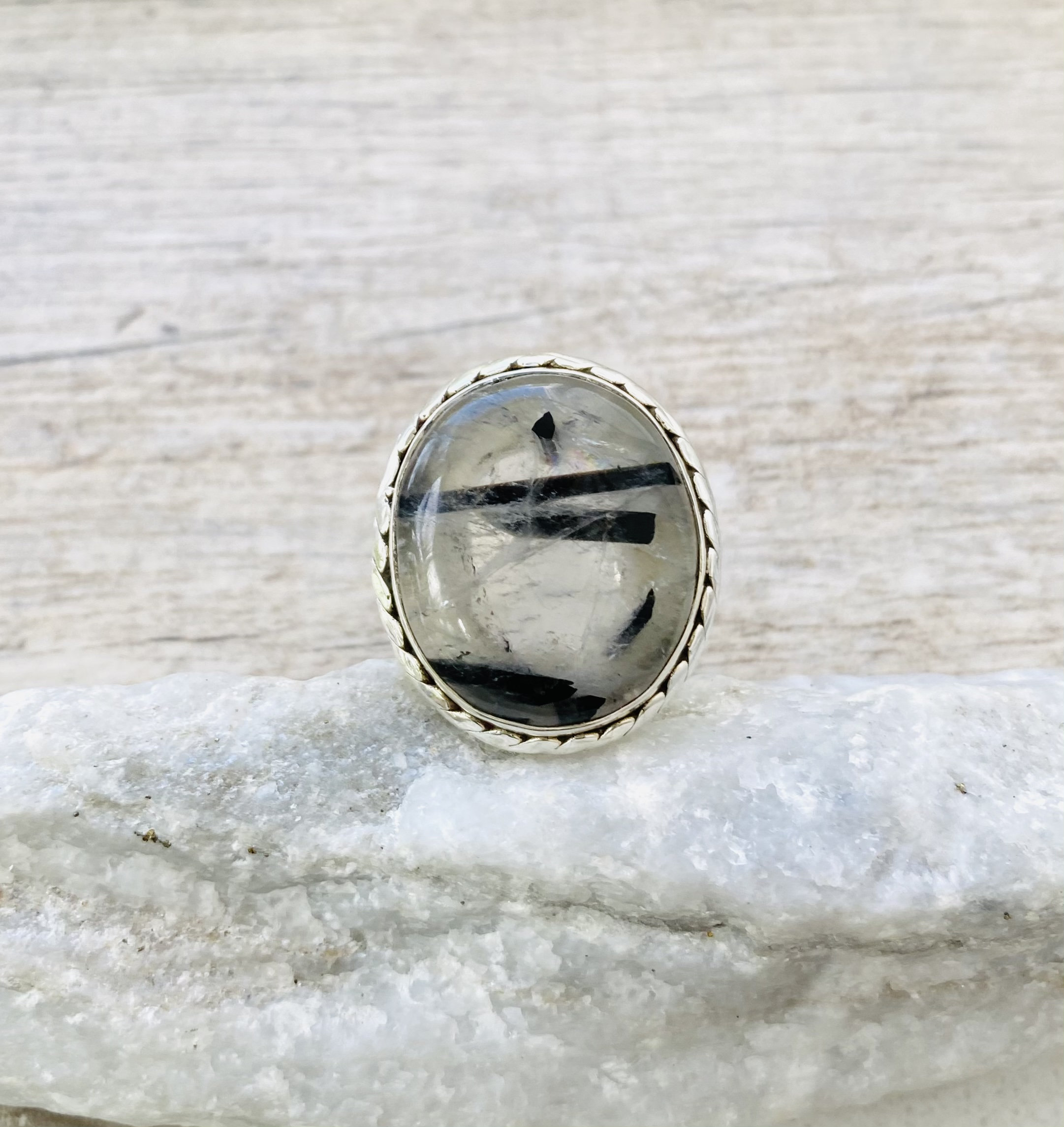 Size 8 Natural Black Tourmaline In Quartz Ring, Tourmalinated Quartz Ring, 925 Sterling Silver Ring, Natural Crystal Ring