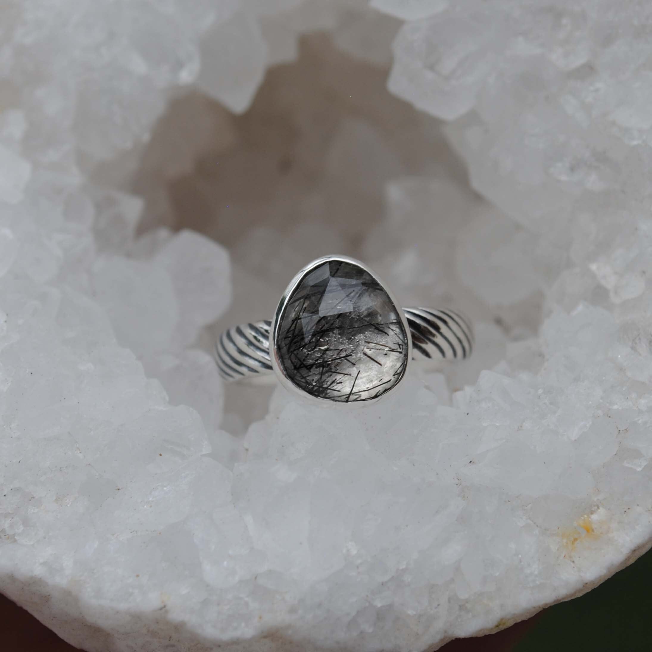Sterling Silver Tourmalinated Quartz Ring, Tourmalinated Quartz Jewelry, Size 7.5