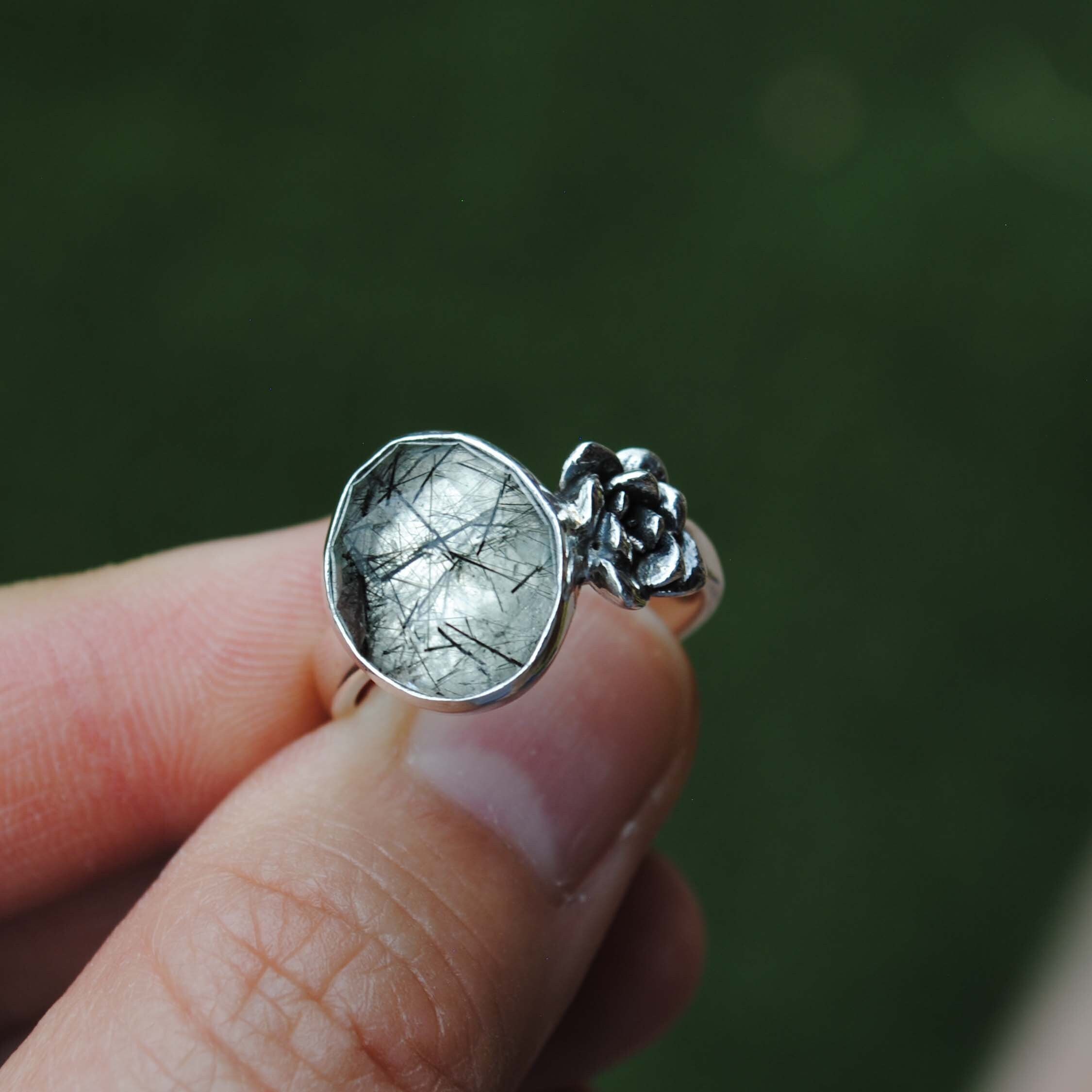 Sterling Silver Succulent Tourmalinated Quartz Ring, Tourmalinated Quartz Jewelry, Size 6