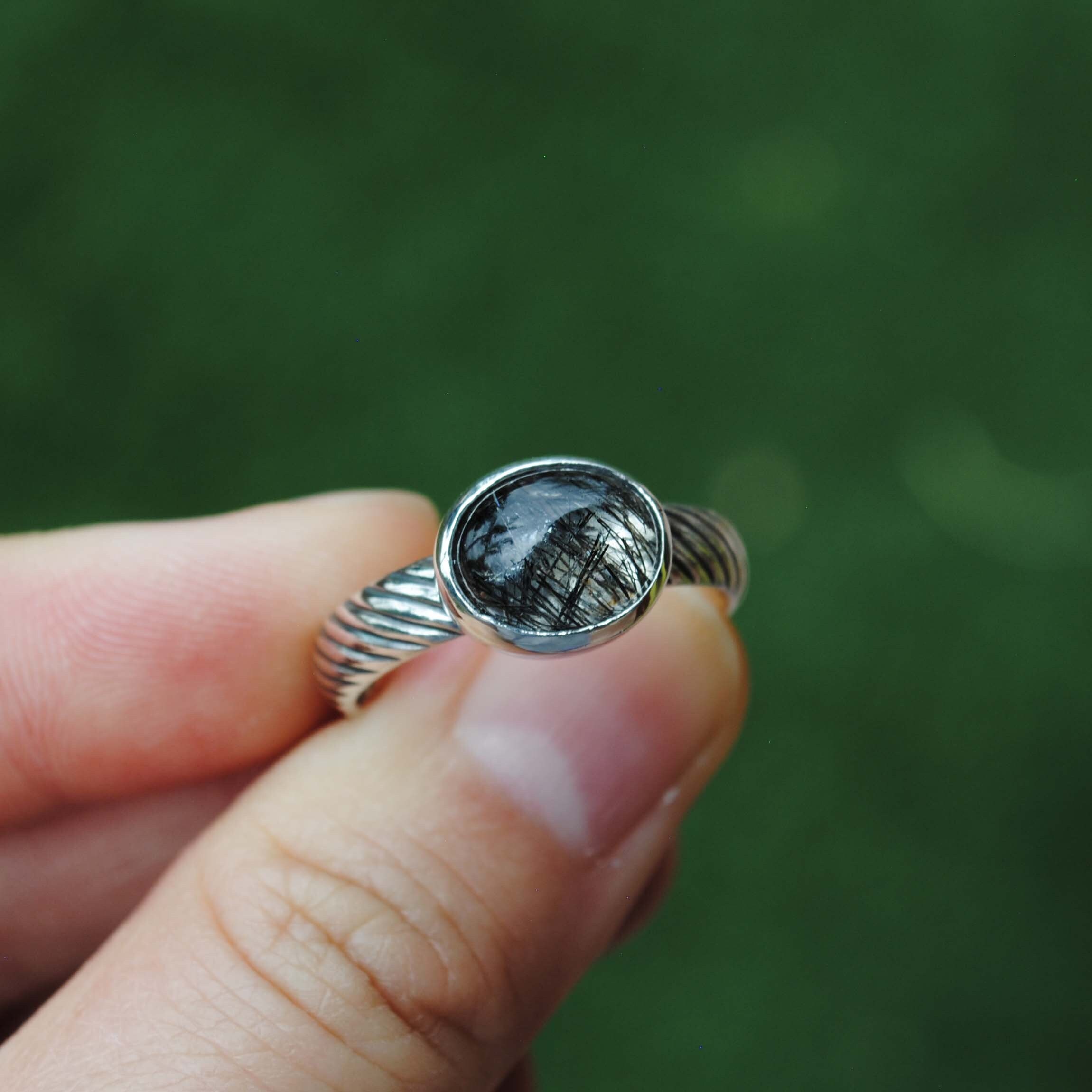 Sterling Silver Tourmalinated Quartz Ring, Tourmalinated Quartz Jewelry, Size 8.5-8.75