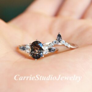Unique Black Tourmalinated Quartz Ring Set - Natural Rutilated Quartz Engagement Ring Set - Alternative Black Stone Ring For Women