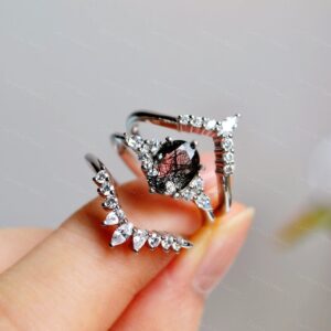 Unique Black Rutilated Quartz Ring Set/black Engagement Ring Set Silver/oval Tourmalinated Quartz/personalized Anniversary 3 Ring Set