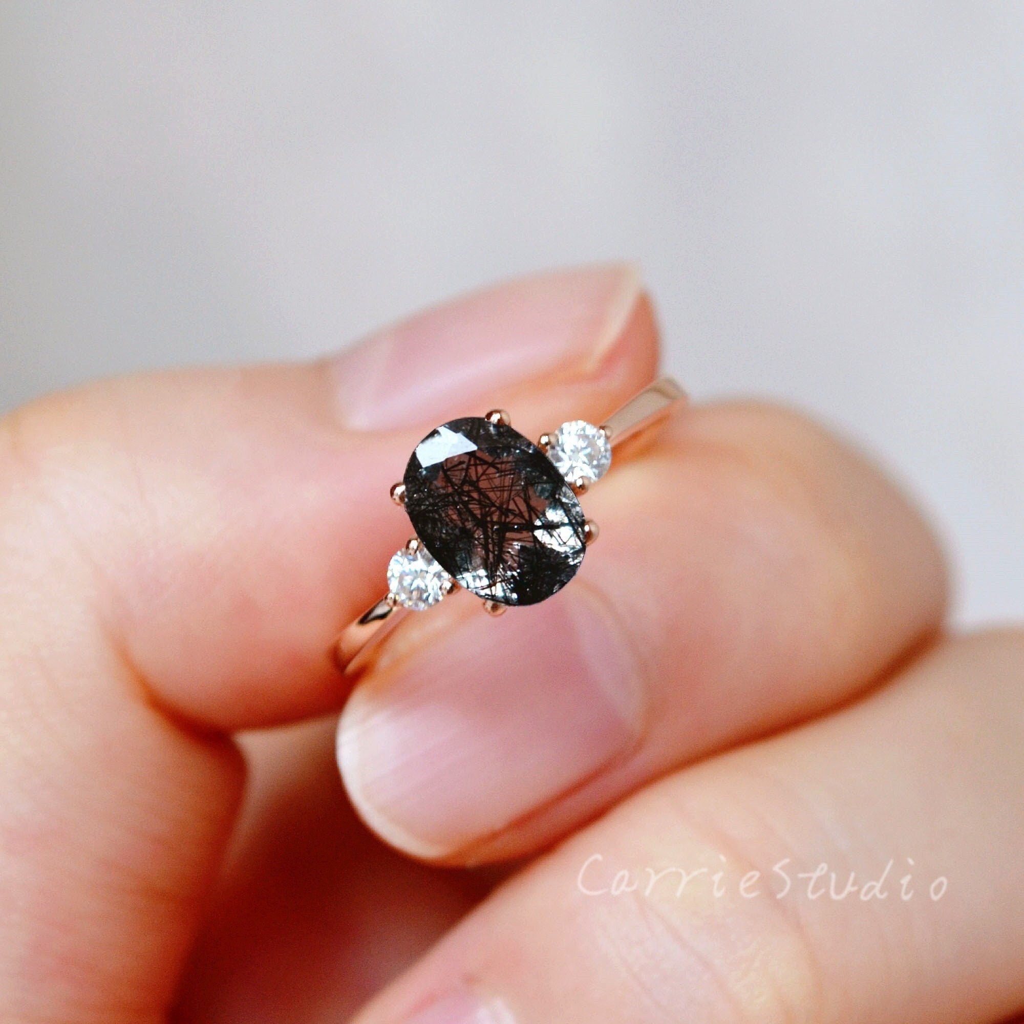 Unique Rutilated Quartz Ring Silver/oval Tourmalinated Quartz Engagement Ring 14k Gold /black Stone Promise Ring For Women Gift