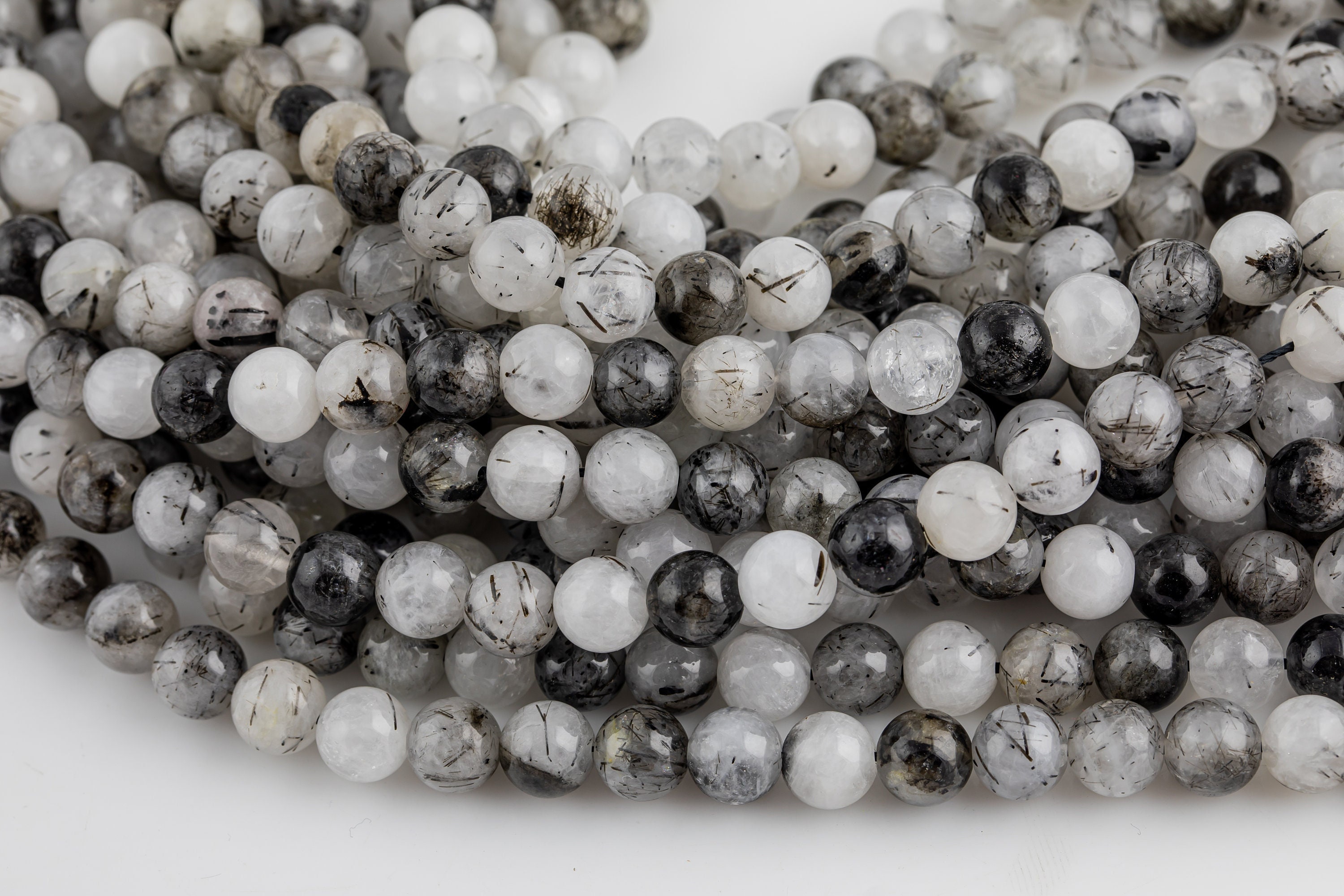 Natural Black Tourmalinated Quartz Beads - Black Rutiled Quartz Beads - Grade Aaa - Round 6mm 8mm 10mm 12mm - Full 15.5" Smooth