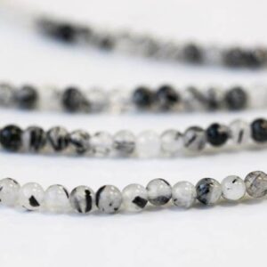 S/ Tourmalinated Quartz 4mm Round Beads 15.5" Strand Natural Black & White Rutilated Gemstone Small Round Beads For Crafts For Jewelry Use