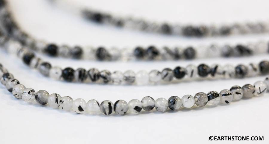 S/ Tourmalinated Quartz 4mm Round Beads 15.5" Strand Natural Black & White Rutilated Gemstone Small Round Beads For Crafts For Jewelry Use