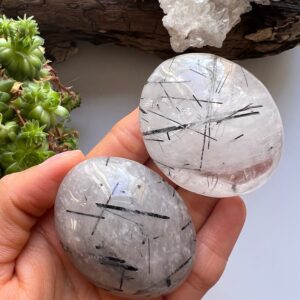 Tourmalinated Quartz Palm Stone, Black Tourmaline in Quartz, Crystal Healing
