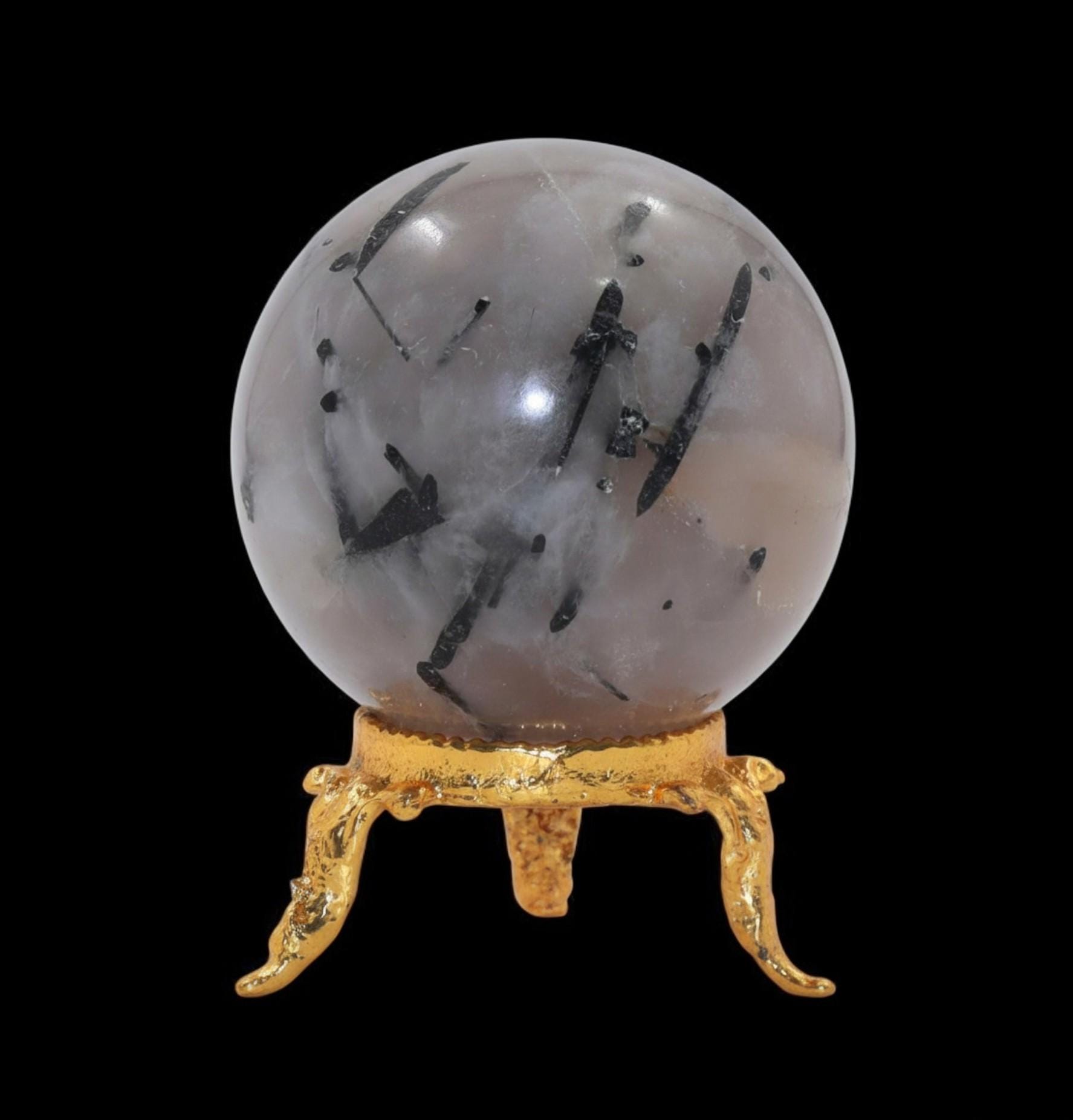 Large White Tourmalinated Quartz Sphere – India Energy Stone, Grounding Protection (45mm/80mm)