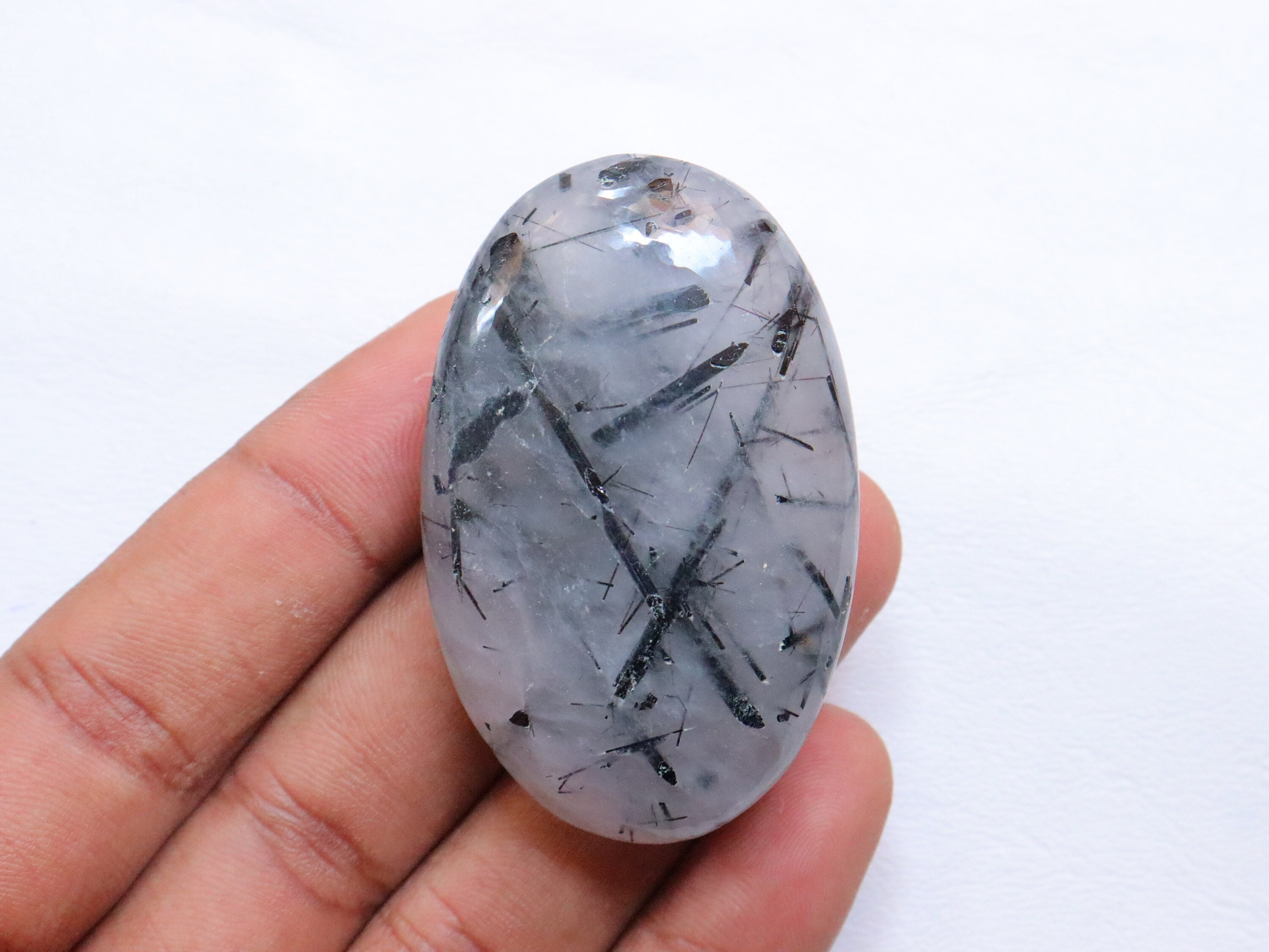 Tourmaline Quartz Palm Stone, Tourmaline In Quartz Crystal For Protection, Rutile Palmstone, Tourmalinated Quartz Palm Stone Crystal Healing