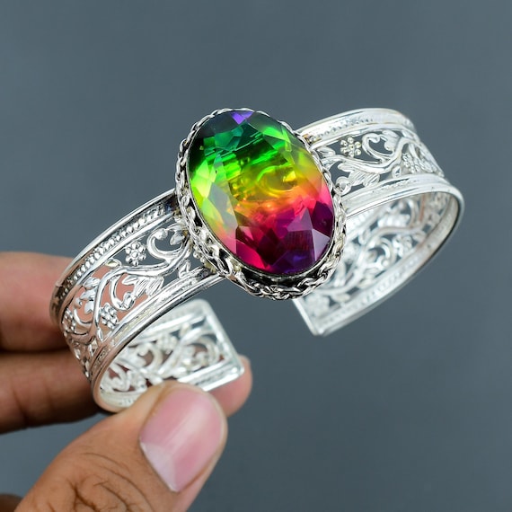 Faceted Multi Tourmaline Bangle: Handmade 925 Sterling Silver Cuff
