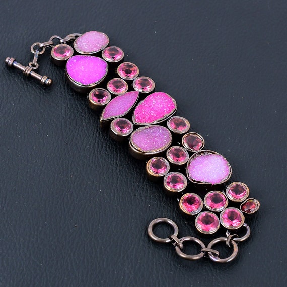 Handmade Electroformed Copper Bracelet: Pink Druzy & Tourmaline