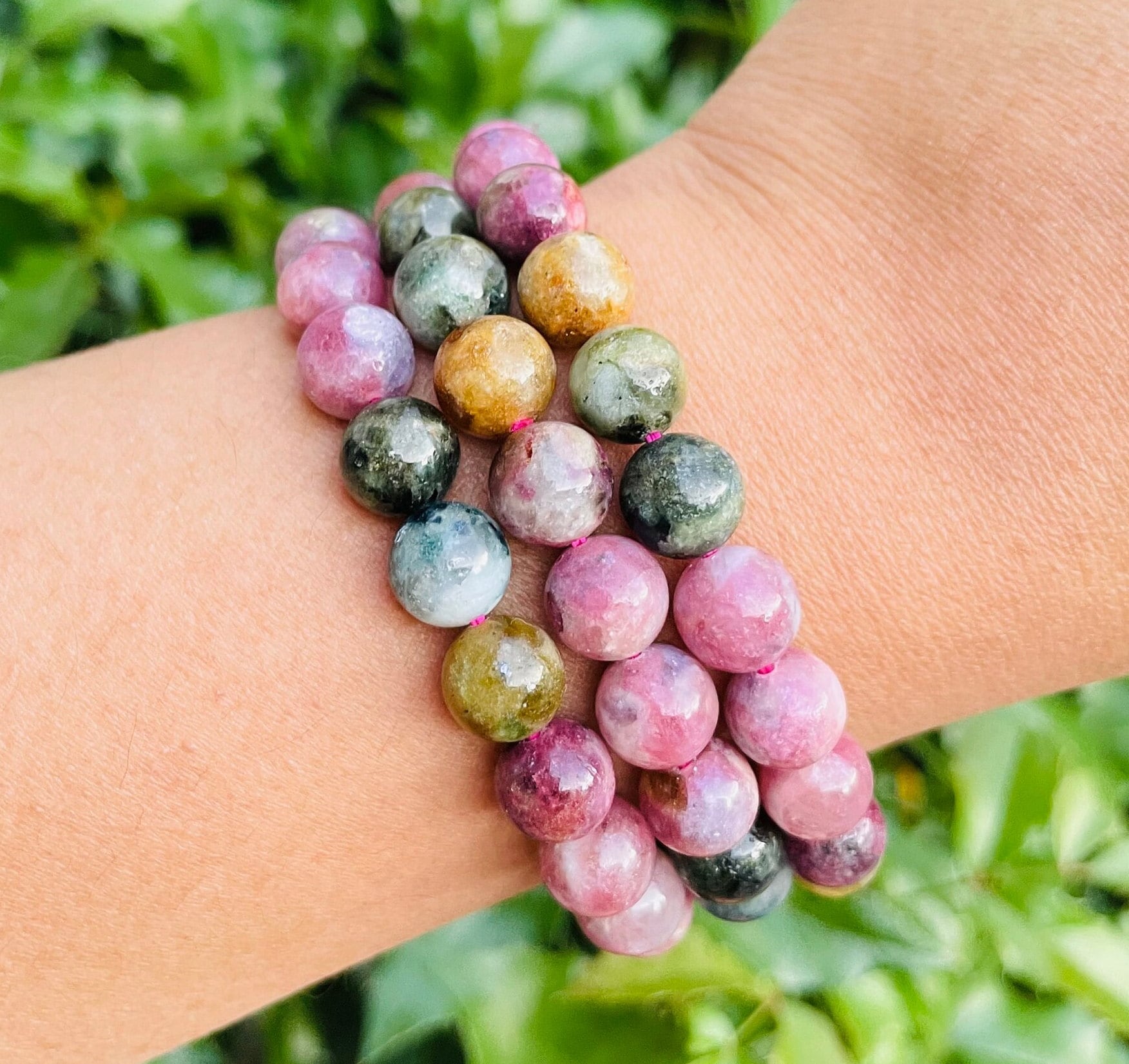 Natural Rainbow Tourmaline Crystal Bracelet: Round Gemstone Beads