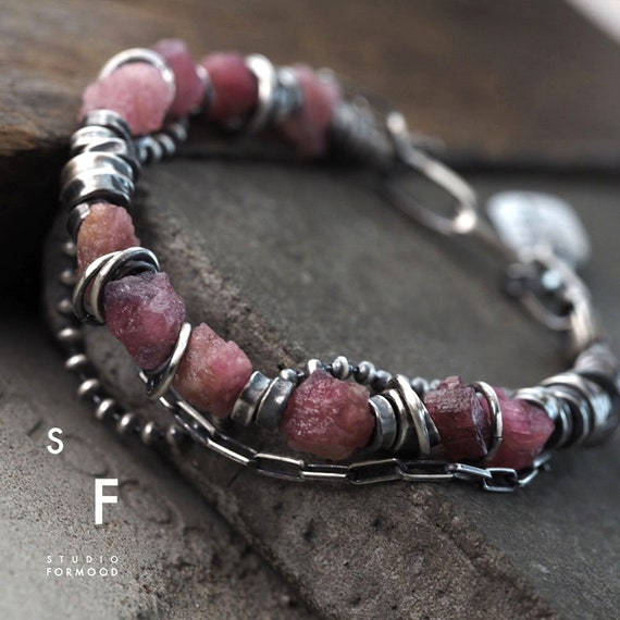 Bracelet - Oxidized Sterling Silver &  Pink Raw Tourmaline,