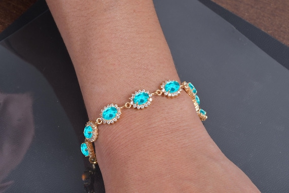 Paraiba Tourmaline Bracelet, Oval Cut Sterling Silver Tennis Bracelet