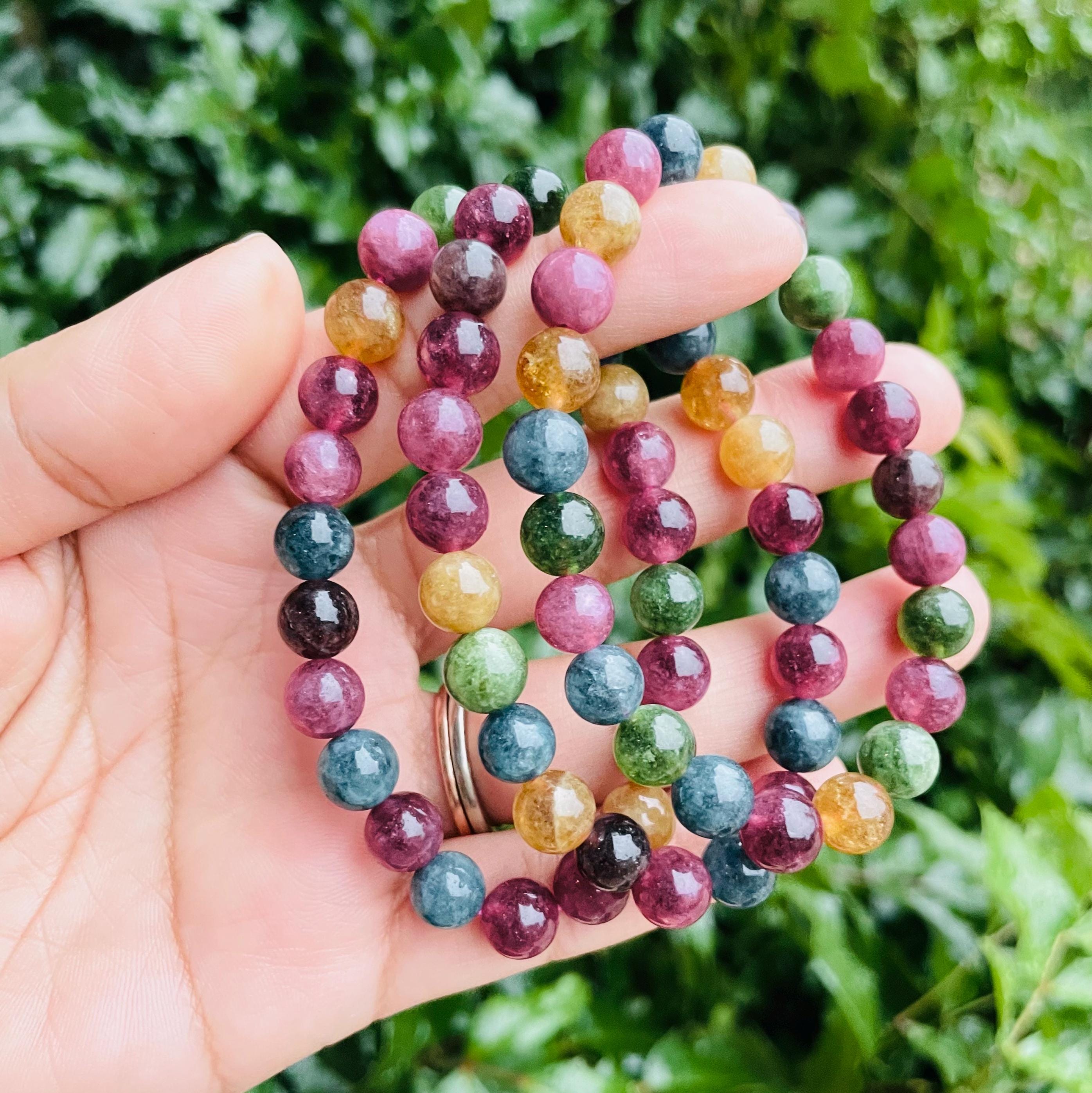 Rainbow Tourmaline Crystal Bracelet: Round Gemstone Bead Bracelet