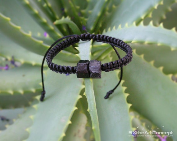 Tourmaline Bracelet, Unisex Braided Black Cuff, Raw Schorl Stacking Wristband, Emf Protection Stone
