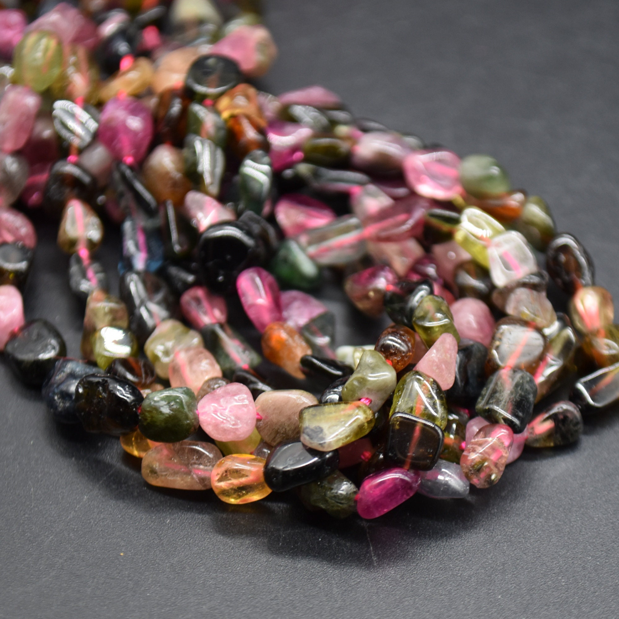 Multi Tourmaline Eye Gemstone Tumblestone Nugget Pebble Beads - 5mm - 8mm - 15" Strand