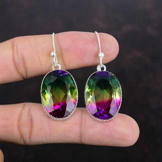Faceted Multi Tourmaline Earrings: Handmade 925 Sterling Silver Dangle Jewelry